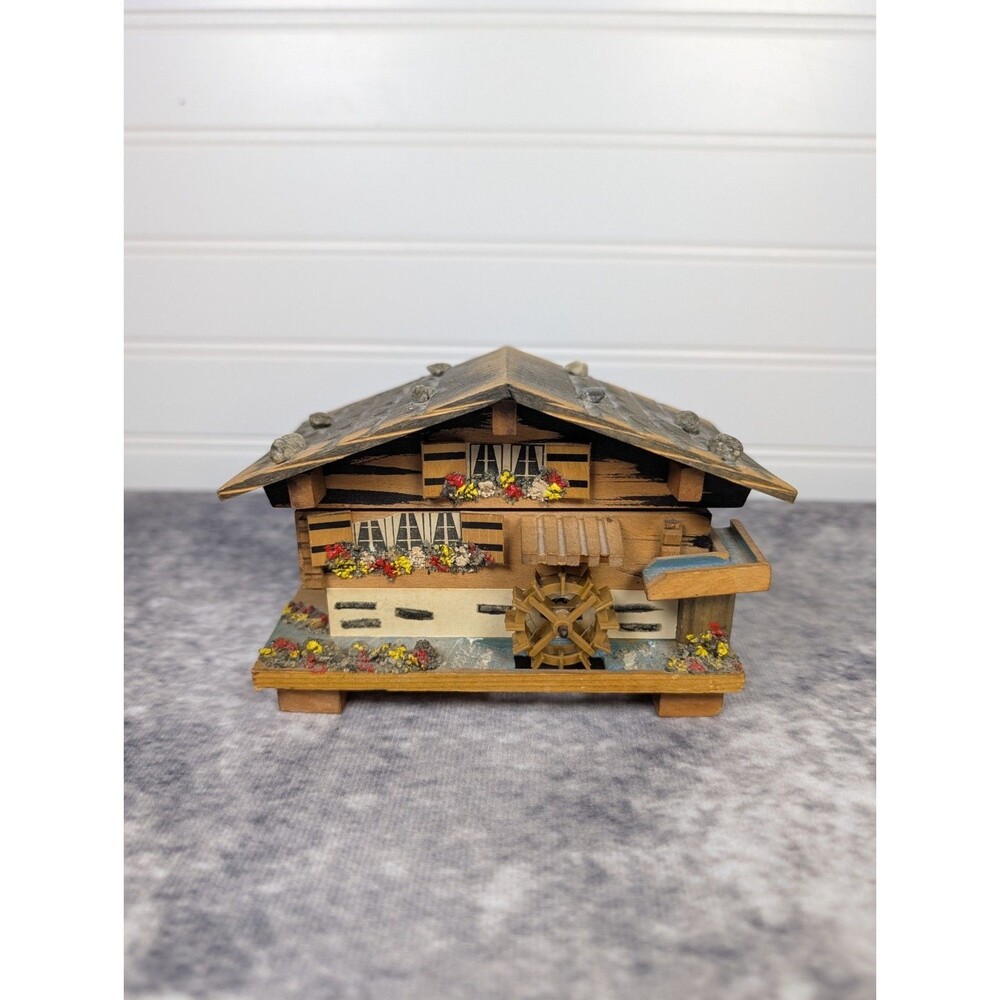 Cuendet Edelweiss Wooden House Chalet Swiss Musical Movement Jewelry Box Vtg
